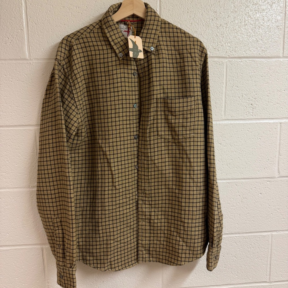Relwen Mens Chamois-Lnd Flannel Button Down Shirt L Tan Black Plaid Gorpcore